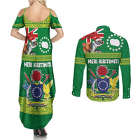 Cook Islands Meri Kiritimiti Couples Matching Summer Maxi Dress and Long Sleeve Button Shirt Christmas Turtle - Cooks Islands Emblems and Polynesian Art Pattern