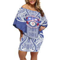 Tonga Apifoou School Off Shoulder Short Dress Ngatu and Polynesian Pattern LT03 Women Blue - Polynesian Pride