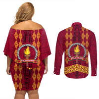 Tonga Beulah College Couples Matching Off Shoulder Short Dress and Long Sleeve Button Shirt Ngatu and Polynesian Pattern LT03 - Polynesian Pride