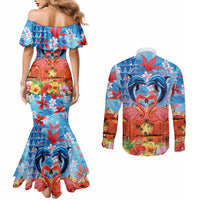 Hawaiian Love-Couple Dolphins and Flamingos Couples Matching Mermaid Dress and Long Sleeve Button Shirt - Polynesian Pride