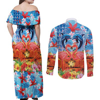 Hawaiian Love-Couple Dolphins and Flamingos Couples Matching Off Shoulder Maxi Dress and Long Sleeve Button Shirt - Polynesian Pride
