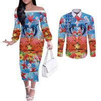 Hawaiian Love-Couple Dolphins and Flamingos Couples Matching Off The Shoulder Long Sleeve Dress and Long Sleeve Button Shirt - Polynesian Pride