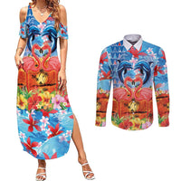 Hawaiian Love-Couple Dolphins and Flamingos Couples Matching Summer Maxi Dress and Long Sleeve Button Shirt - Polynesian Pride