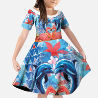 Hawaiian Love-Couple Dolphins and Flamingos Family Matching Long Sleeve Bodycon Dress and Hawaiian Shirt - Polynesian Pride
