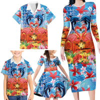Hawaiian Love-Couple Dolphins and Flamingos Family Matching Long Sleeve Bodycon Dress and Hawaiian Shirt - Polynesian Pride