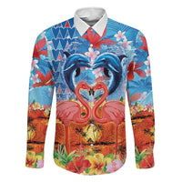 Hawaiian Love-Couple Dolphins and Flamingos Family Matching Off Shoulder Short Dress and Hawaiian Shirt LT03 Dad's Shirt - Long Sleeve Multicolor - Polynesian Pride