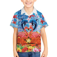 Hawaiian Love-Couple Dolphins and Flamingos Family Matching Off Shoulder Short Dress and Hawaiian Shirt - Polynesian Pride