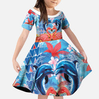 Hawaiian Love-Couple Dolphins and Flamingos Kid Short Sleeve Dress LT03 KID Multicolor - Polynesian Pride
