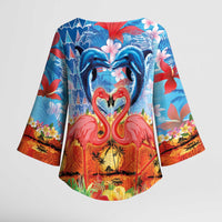 Hawaiian Love-Couple Dolphins and Flamingos Kimono Sleeve Blouse LT03 - Polynesian Pride