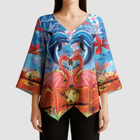 Hawaiian Love-Couple Dolphins and Flamingos Kimono Sleeve Blouse LT03 - Polynesian Pride