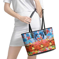 Hawaiian Love-Couple Dolphins and Flamingos Leather Tote Bag - Polynesian Pride