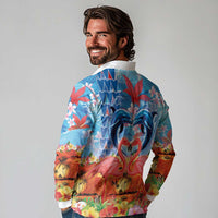 Hawaiian Love-Couple Dolphins and Flamingos Long Sleeve Polo Shirt LT03 - Polynesian Pride