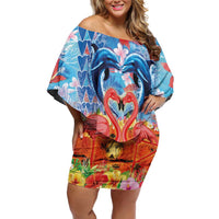 Hawaiian Love-Couple Dolphins and Flamingos Off Shoulder Short Dress - Polynesian Pride