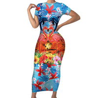 Hawaiian Love-Couple Dolphins and Flamingos Short Sleeve Bodycon Dress LT03 Long Dress Multicolor - Polynesian Pride
