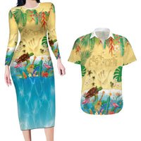 Hawaiian Alohawaii Couples Matching Long Sleeve Bodycon Dress and Hawaiian Shirt Tropical Plants and Animals on The Beach - Polynesian Pride