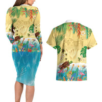 Hawaiian Alohawaii Couples Matching Long Sleeve Bodycon Dress and Hawaiian Shirt Tropical Plants and Animals on The Beach - Polynesian Pride