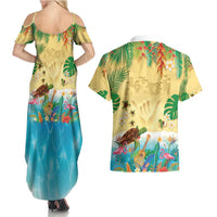 Hawaiian Alohawaii Couples Matching Summer Maxi Dress and Hawaiian Shirt Tropical Plants and Animals on The Beach - Polynesian Pride