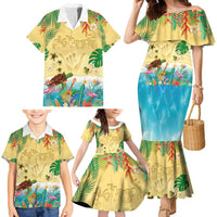 Hawaiian Alohawaii Family Matching Mermaid Dress and Hawaiian Shirt Tropical Plants and Animals on The Beach - Polynesian Pride