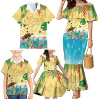Hawaiian Alohawaii Family Matching Mermaid Dress and Hawaiian Shirt Tropical Plants and Animals on The Beach - Polynesian Pride