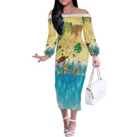 Hawaiian Alohawaii Family Matching Off The Shoulder Long Sleeve Dress and Hawaiian Shirt Tropical Plants and Animals on The Beach - Polynesian Pride