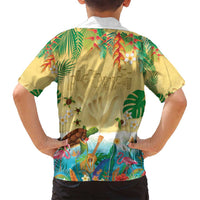 Hawaiian Alohawaii Family Matching Off Shoulder Maxi Dress and Hawaiian Shirt Tropical Plants and Animals on The Beach - Polynesian Pride