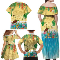 Hawaiian Alohawaii Family Matching Off Shoulder Maxi Dress and Hawaiian Shirt Tropical Plants and Animals on The Beach - Polynesian Pride