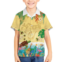 Hawaiian Alohawaii Family Matching Off Shoulder Maxi Dress and Hawaiian Shirt Tropical Plants and Animals on The Beach - Polynesian Pride
