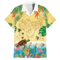 Hawaiian Alohawaii Family Matching Off Shoulder Short Dress and Hawaiian Shirt Tropical Plants and Animals on The Beach - Polynesian Pride