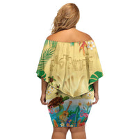 Hawaiian Alohawaii Family Matching Off Shoulder Short Dress and Hawaiian Shirt Tropical Plants and Animals on The Beach - Polynesian Pride