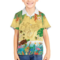 Hawaiian Alohawaii Family Matching Off Shoulder Short Dress and Hawaiian Shirt Tropical Plants and Animals on The Beach - Polynesian Pride