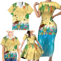 Hawaiian Alohawaii Family Matching Short Sleeve Bodycon Dress and Hawaiian Shirt Tropical Plants and Animals on The Beach - Polynesian Pride