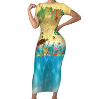 Hawaiian Alohawaii Family Matching Short Sleeve Bodycon Dress and Hawaiian Shirt Tropical Plants and Animals on The Beach - Polynesian Pride