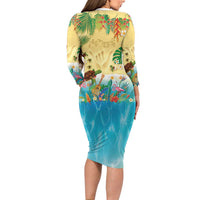 Hawaiian Alohawaii Long Sleeve Bodycon Dress Tropical Plants and Animals on The Beach - Polynesian Pride