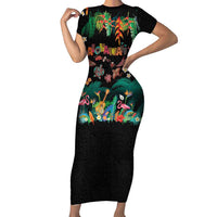 Hawaiian Alohawaii Family Matching Short Sleeve Bodycon Dress and Hawaiian Shirt Tribal Sea Animals Tattoo and Tropical Plants - Polynesian Pride