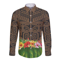 Hawaiian Hula Costume Long Sleeve Button Shirt Tribal Tattoo and Tropical Plants Skirt LT03 Unisex Brown - Polynesian Pride