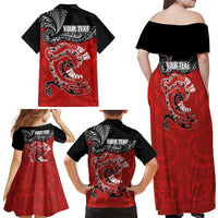 Personalised Aotearoa Toitu Te Tiriti Family Matching Off Shoulder Maxi Dress and Hawaiian Shirt Taniwha Tribal Motifs