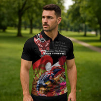 Aotearoa Toitu Te Tiriti Zipper Polo Shirt Waitangi-Honour The Treaty NZ Tuatara and Plants