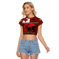 Tonga ANZAC Day Raglan Cropped T Shirt Gallipoli Lest We Forget Ngatu Art Tribal LT03 Female Red - Polynesian Pride