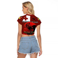 Tonga ANZAC Day Raglan Cropped T Shirt Gallipoli Lest We Forget Ngatu Art Tribal LT03 - Polynesian Pride