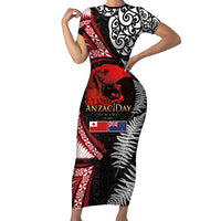 Tonga and New Zealand ANZAC Day Family Matching Short Sleeve Bodycon Dress and Hawaiian Shirt Gallipoli Lest We Forget Ngatu Art Tribal and Maori Tattoo with Fern LT03