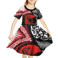 Tonga and New Zealand ANZAC Day Kid Short Sleeve Dress Gallipoli Lest We Forget Ngatu Art Tribal and Maori Tattoo with Fern LT03