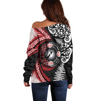 Tonga and New Zealand Together Off Shoulder Sweater Ngatu Art Tribal Maori Tattoo and Silver Fern