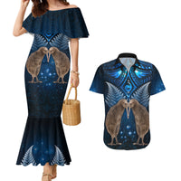 New Zealand Maori Matariki Couples Matching Mermaid Dress and Hawaiian Shirt Hongi Kiwi Bird and Silver Fern LT03 Blue - Polynesian Pride