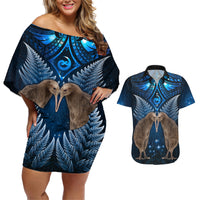 New Zealand Maori Matariki Couples Matching Off Shoulder Short Dress and Hawaiian Shirt Hongi Kiwi Bird and Silver Fern LT03 Blue - Polynesian Pride