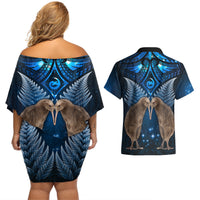 New Zealand Maori Matariki Couples Matching Off Shoulder Short Dress and Hawaiian Shirt Hongi Kiwi Bird and Silver Fern LT03 - Polynesian Pride