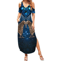 New Zealand Maori Matariki Summer Maxi Dress Hongi Kiwi Bird and Silver Fern LT03 Women Blue - Polynesian Pride