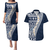 Hawaii Plumeria Tribal Vintage Couples Matching Puletasi and Hawaiian Shirt Special Blue LT03 Blue - Polynesian Pride
