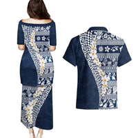 Hawaii Plumeria Tribal Vintage Couples Matching Puletasi and Hawaiian Shirt Special Blue LT03 - Polynesian Pride