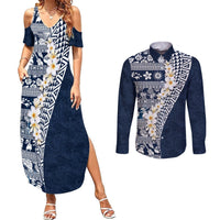 Hawaii Plumeria Tribal Vintage Couples Matching Summer Maxi Dress and Long Sleeve Button Shirt Special Blue LT03 Blue - Polynesian Pride