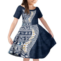 Hawaii Plumeria Tribal Vintage Family Matching Off Shoulder Short Dress and Hawaiian Shirt Special Blue LT03 Daughter's Dress Blue - Polynesian Pride